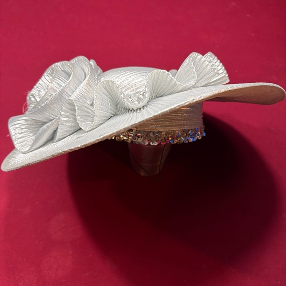 SILVER Shiny METALLIC ruffle ROSE Round HAT, Fits 21” GAWDY wedding Derby Dressy main image 6